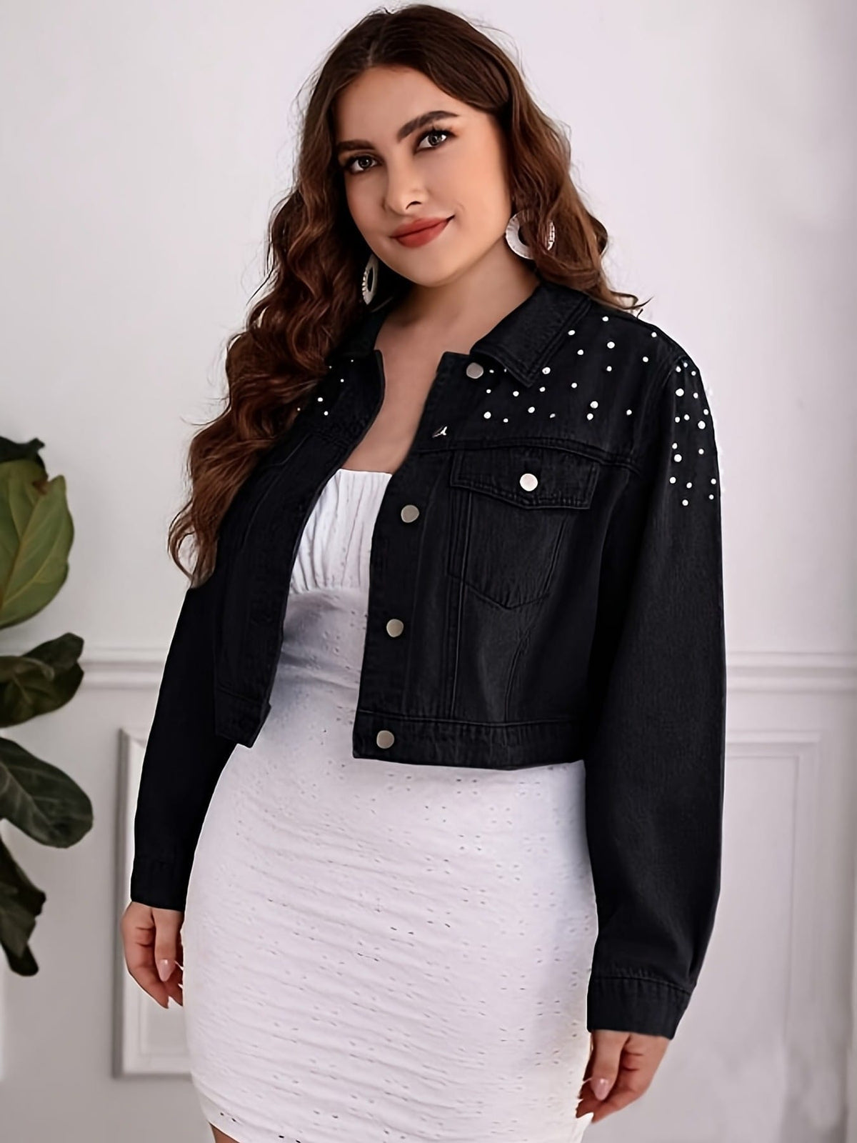 jkthpu-45 Black Pearl Collar PlusSize Denim Jacket SpringAutumn Style