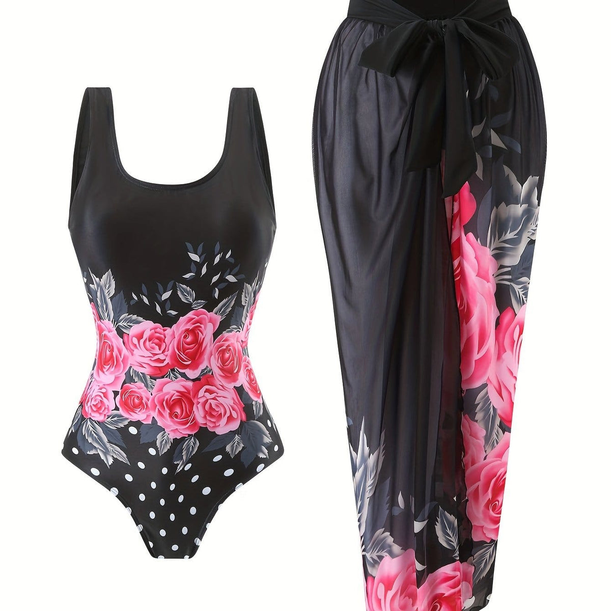 KissICON Black Pink Flower / UK 16 Chic Curve Floral Swimsuit