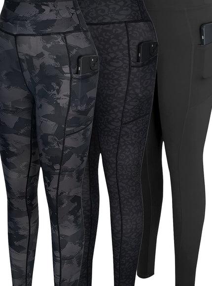 jkthpu-45 Black print + black leopard print + black / UK 16 3-Pack Women'S High-Waisted Yoga Pants with Side Pockets