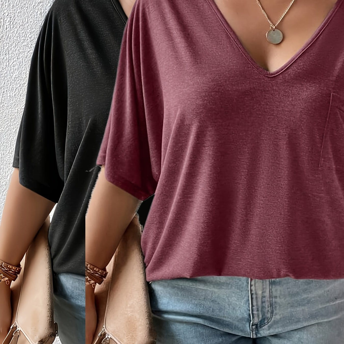 KissICON Black+red / UK 16 Plus Size, Plus Size Women's 2pcs Set Deep V Neck Solid Color Pocket Patch T-Shirt