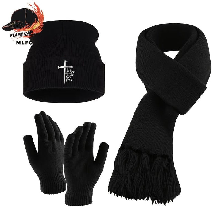 Retro CrossStitch Knit Hat Scarf Gloves Set