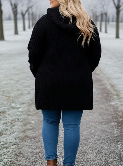 KissICON Black Ribbed Knit Zip-Up Coat – Plus Size Winter Essential