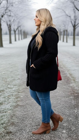 KissICON Black Ribbed Knit Zip-Up Coat – Plus Size Winter Essential