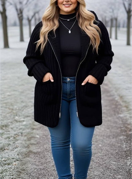 KissICON Black Ribbed Knit Zip-Up Coat – Plus Size Winter Essential