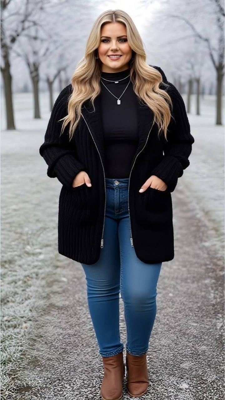 Black Ribbed Knit Zip-Up Coat – Plus Size Winter Essential