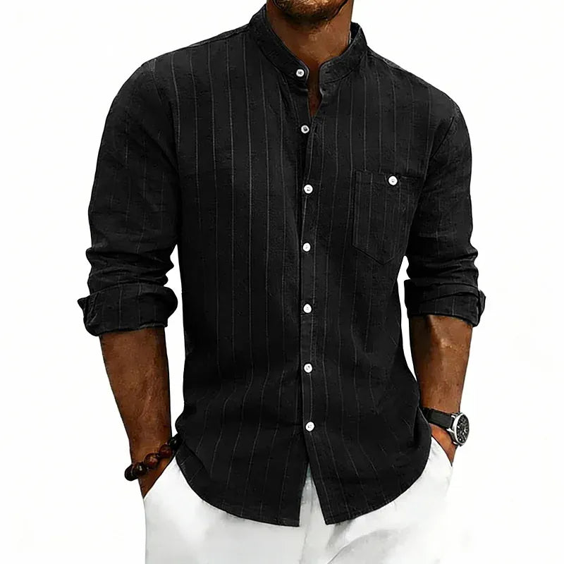 KissICON black / S / China Mainland Striped Linen Stand Collar Loose Fashion Commuter Shirt