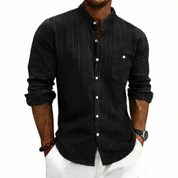KissICON black / S / China Mainland Striped Linen Stand Collar Loose Fashion Commuter Shirt
