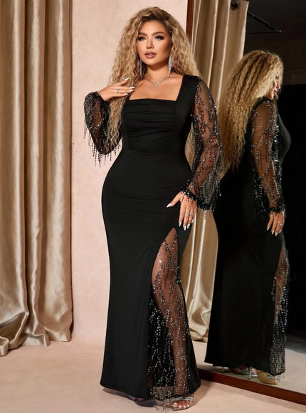 KissICON Dresses Black Sequin Mesh Tassel Plus Size Maxi Party Dress