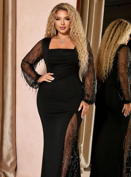 KissICON Dresses Black Sequin Mesh Tassel Plus Size Maxi Party Dress