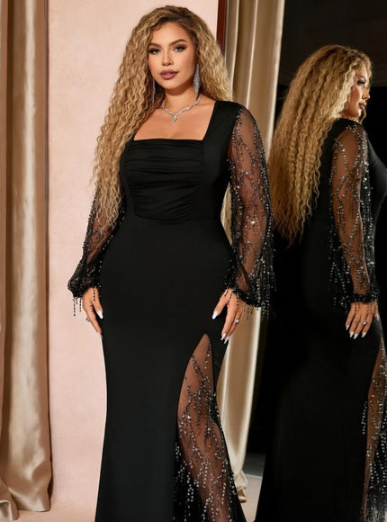 KissICON Dresses Black Sequin Mesh Tassel Plus Size Maxi Party Dress