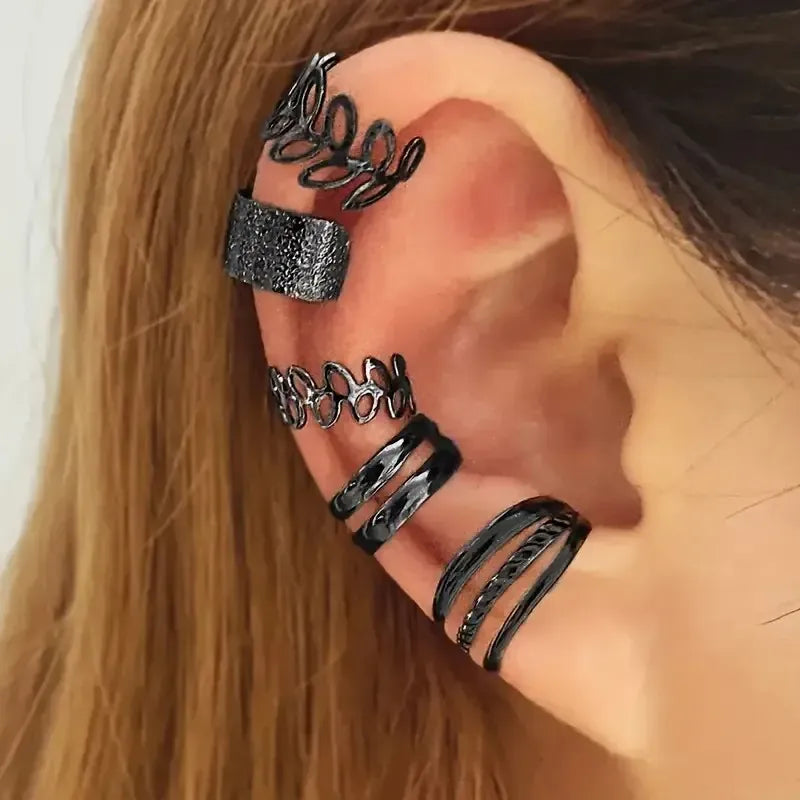 KissICON Black Set-5pcs 5pcs/set Trendy Elegant Design Ear Cuff Classic Elegant Style Gifts Women's No Piercing Clip Silver Earrings Circle Leaf Shaped