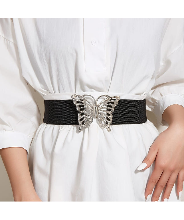 jkthpu-45 black Silvery buckle / M Elegant Adjustable Elastic Waist Belt Chic Fashion Accessory