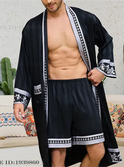 KissICON Black Silvery Set / M Mens 2PC Silk Satin Pajama Robe Set