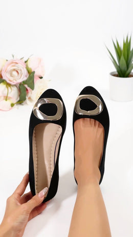 KissICON Black Suede Pointed Toe Flats with Gold Buckle Accent