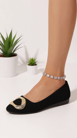 KissICON Black Suede Pointed Toe Flats with Gold Buckle Accent