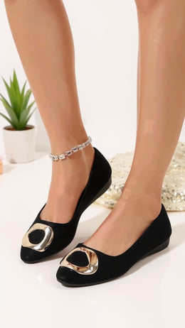 KissICON Black Suede Pointed Toe Flats with Gold Buckle Accent