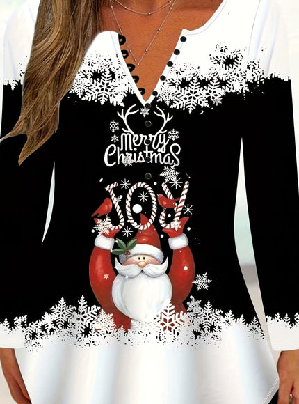 KissICON Black / UK 16/18 Curve Elegant Christmas Snowman Reindeer Print Blouse