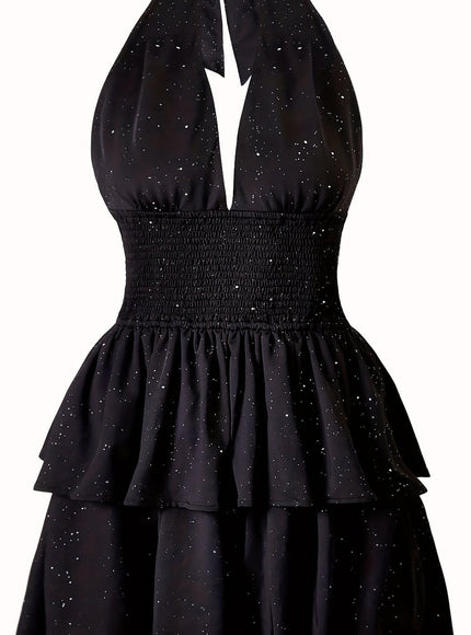 jkthpu-45 Black / UK 16/18 Plus Size - Sexy Leopard Print Mini Dress for Women - Backless Ruffled Hem, High-Stretch Polyester, Sleeveless Bodycon Dress with Tie-Back Detail for Spring Summer Fall Evening Parties