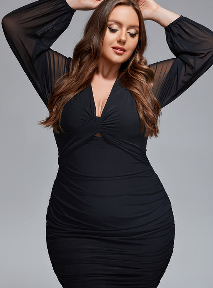 jkthpu-45 Black / UK 16/18 Plus Size, Women's Plus Size Winter Elegant Bodycon Dress with Mesh Patchwork Twist Front & Short Sleeves - Waist-Cinching Curve-Hugging Fit, Machine Washable Party Wedding Guest Dress (Black) - Knotted Back Closure, Dresses For Women, Dresses For Women E