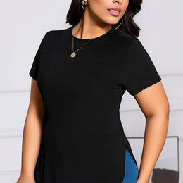 KissICON Black / UK 16 BESTIE Women's Plus Size Curve-Fit Short Sleeve T-Shirt - Black Round Neck Stretchy Top, Machine Washable All-Season Casual & Dressy Shirt for Casual Attire, Ladies Tshirts, Versatile Fashion, Nontransparent Fabric