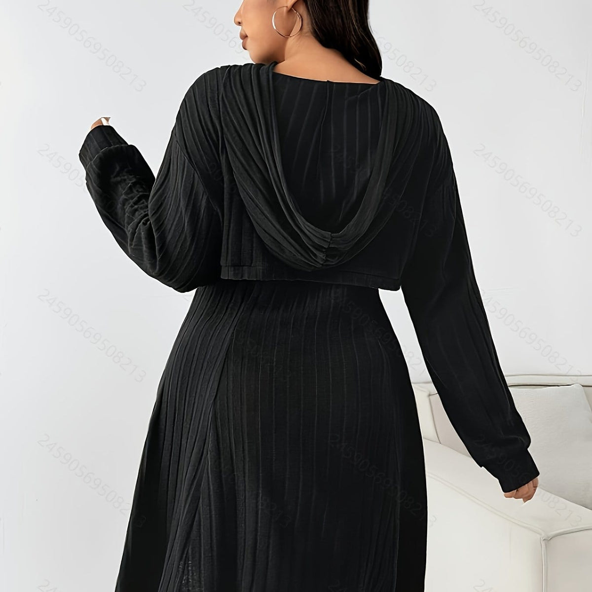 jkthpu-45 Black / UK 16 Chic Elegant Plus Size TwoPiece Set Long Sleeve Top  Ribbed Dress
