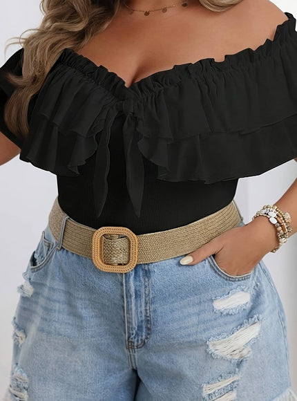 jkthpu-45 Black / UK 16 Chic OffShoulder Ruffle Top Vacation Style Breezy Comfort