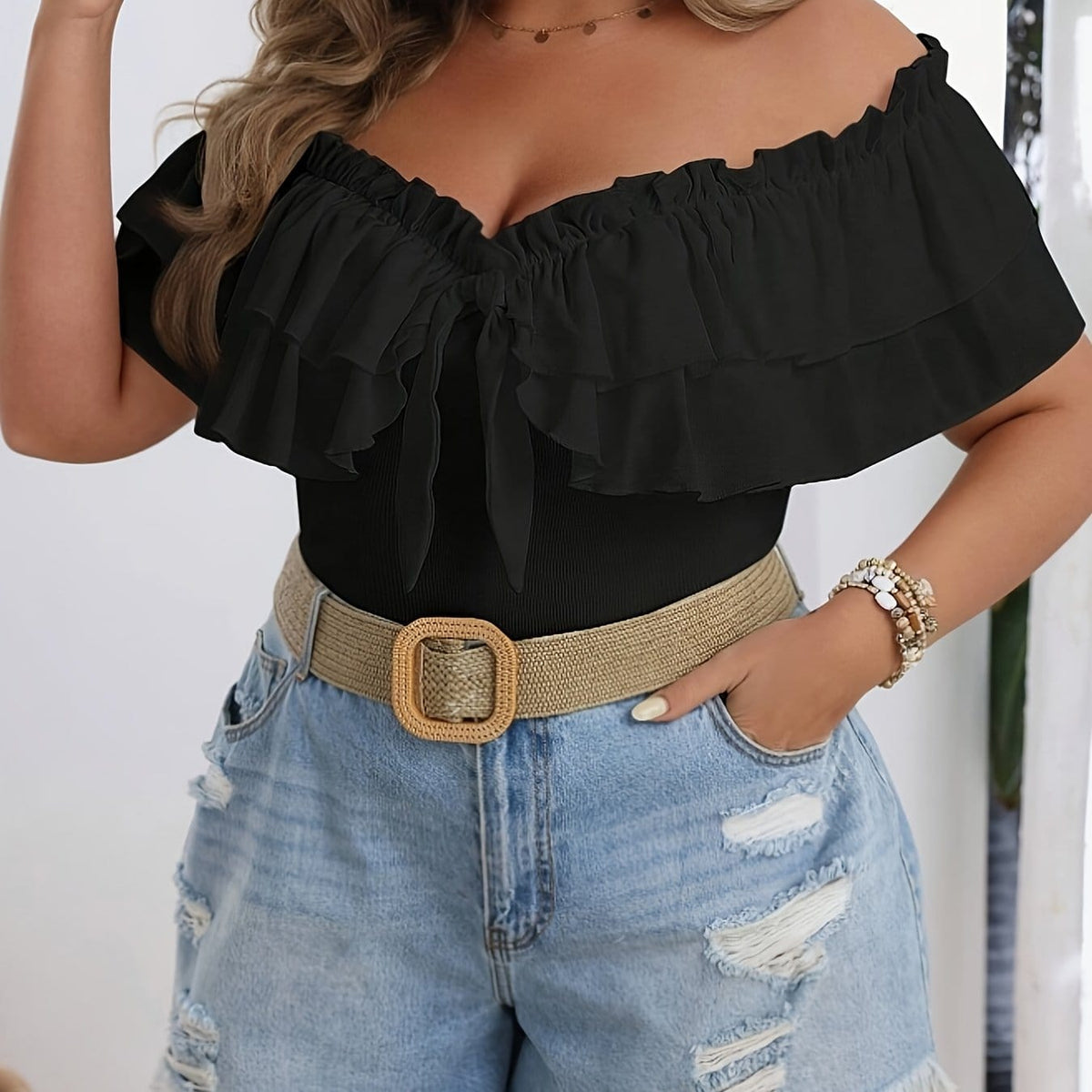 jkthpu-45 Black / UK 16 Chic OffShoulder Ruffle Top Vacation Style Breezy Comfort
