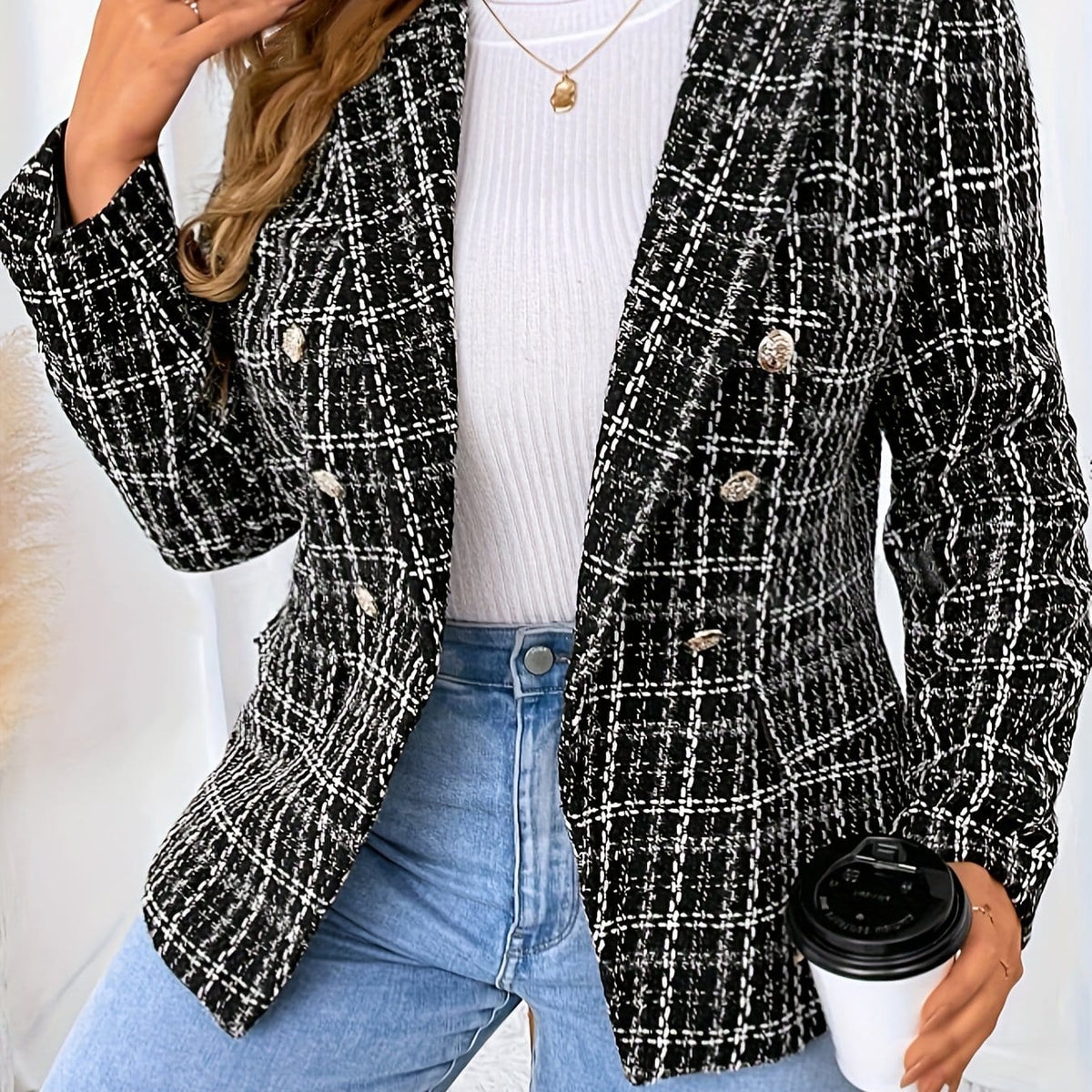 jkthpu-45 Black / UK 16 Chic Plaid DoubleBreasted Blazer for All Seasons