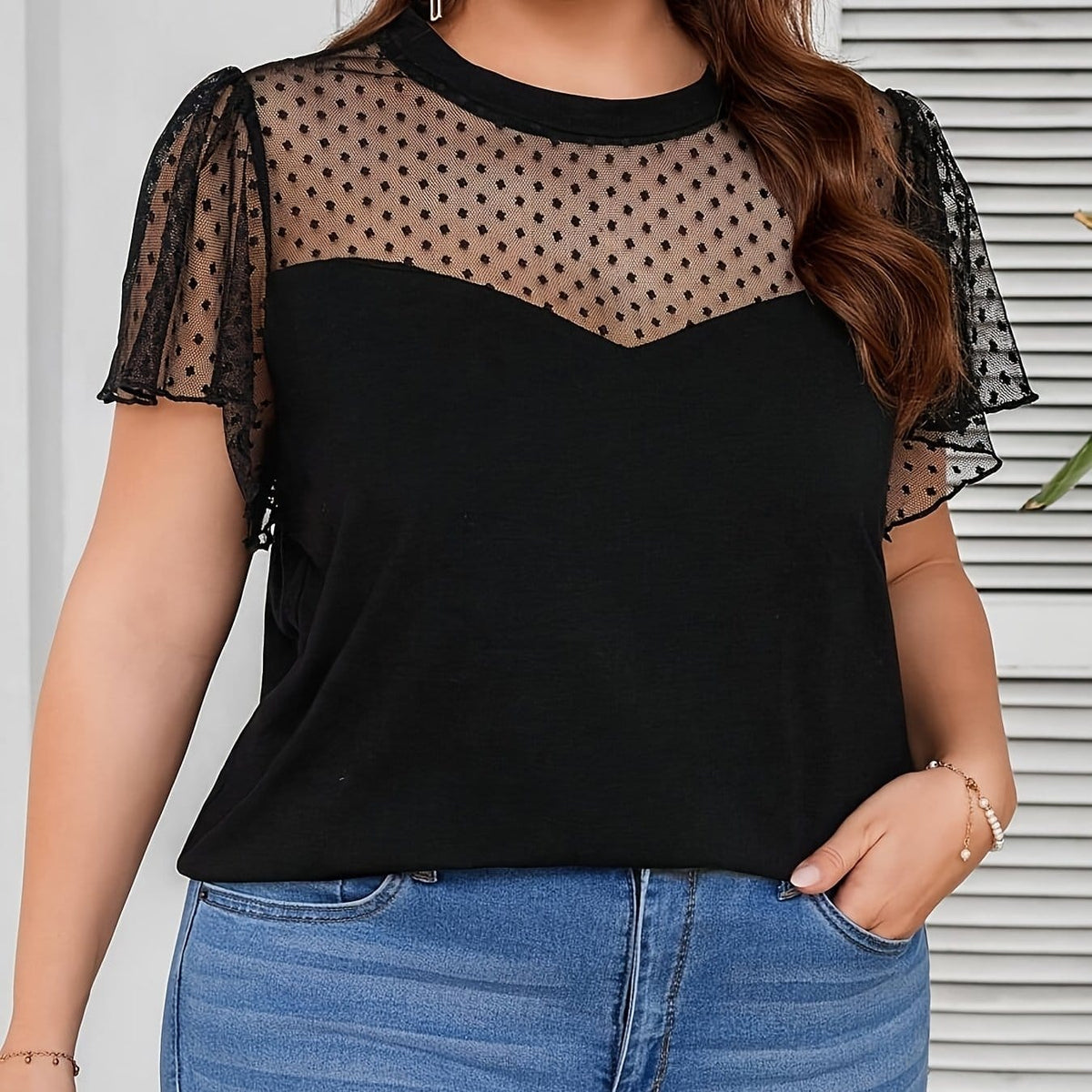 jkthpu-45 Black / UK 16 Chic Plus Size Polka Dot Mesh Lace Trim Summer TShirt