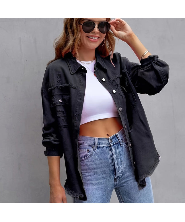 jkthpu-45 Black / UK 16 Chic PlusSize Distressed Denim Jacket Effortless Style