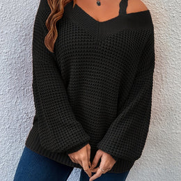 jkthpu-45 Black / UK 16 Cozy Beige OffShoulder VNeck Knit Sweater