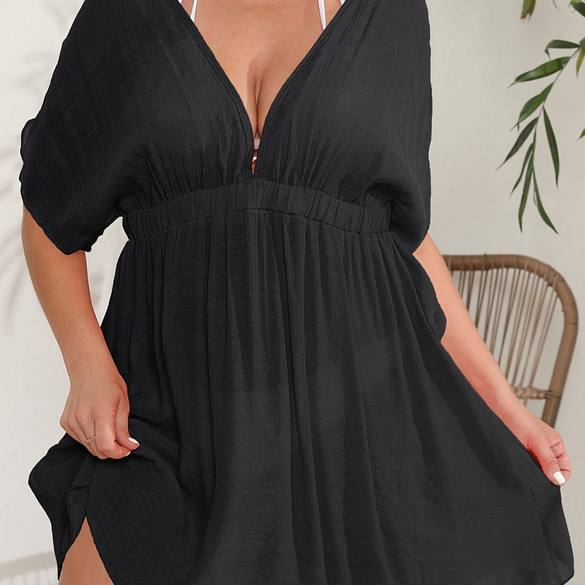 KissICON Black / UK 16 Curve Black V-Neck Pleated Beach Coverup