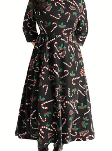 KissICON Black / UK 16 Curve Candy Cane Print Long Sleeve Christmas Dress
