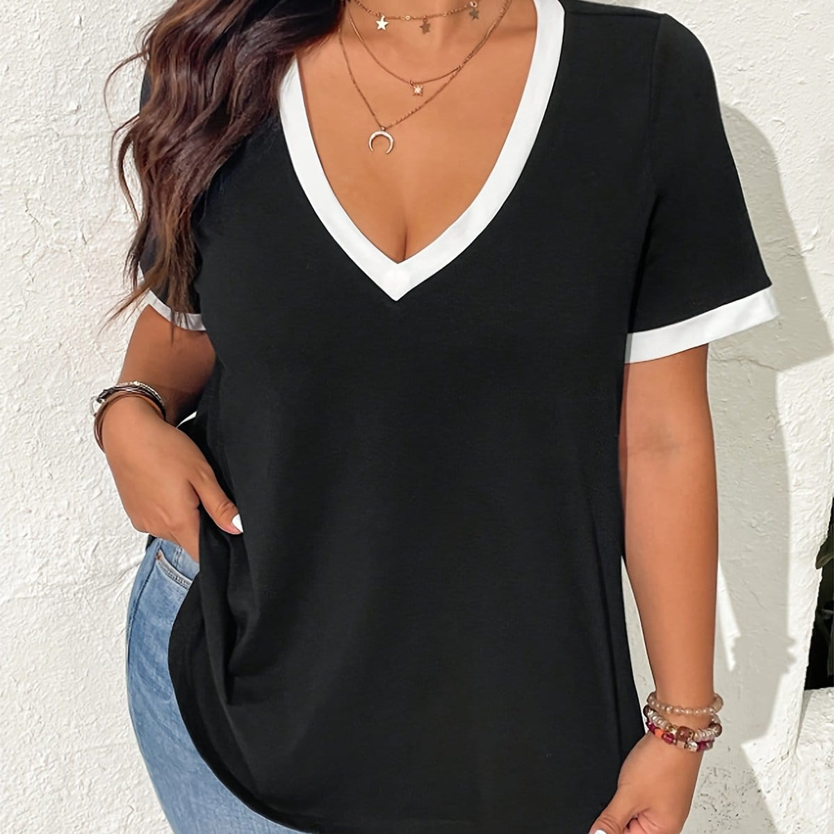 jkthpu-45 Black / UK 16 Curvy Contrast VNeck Tee QuickDry NonSeeThrough TravelReady