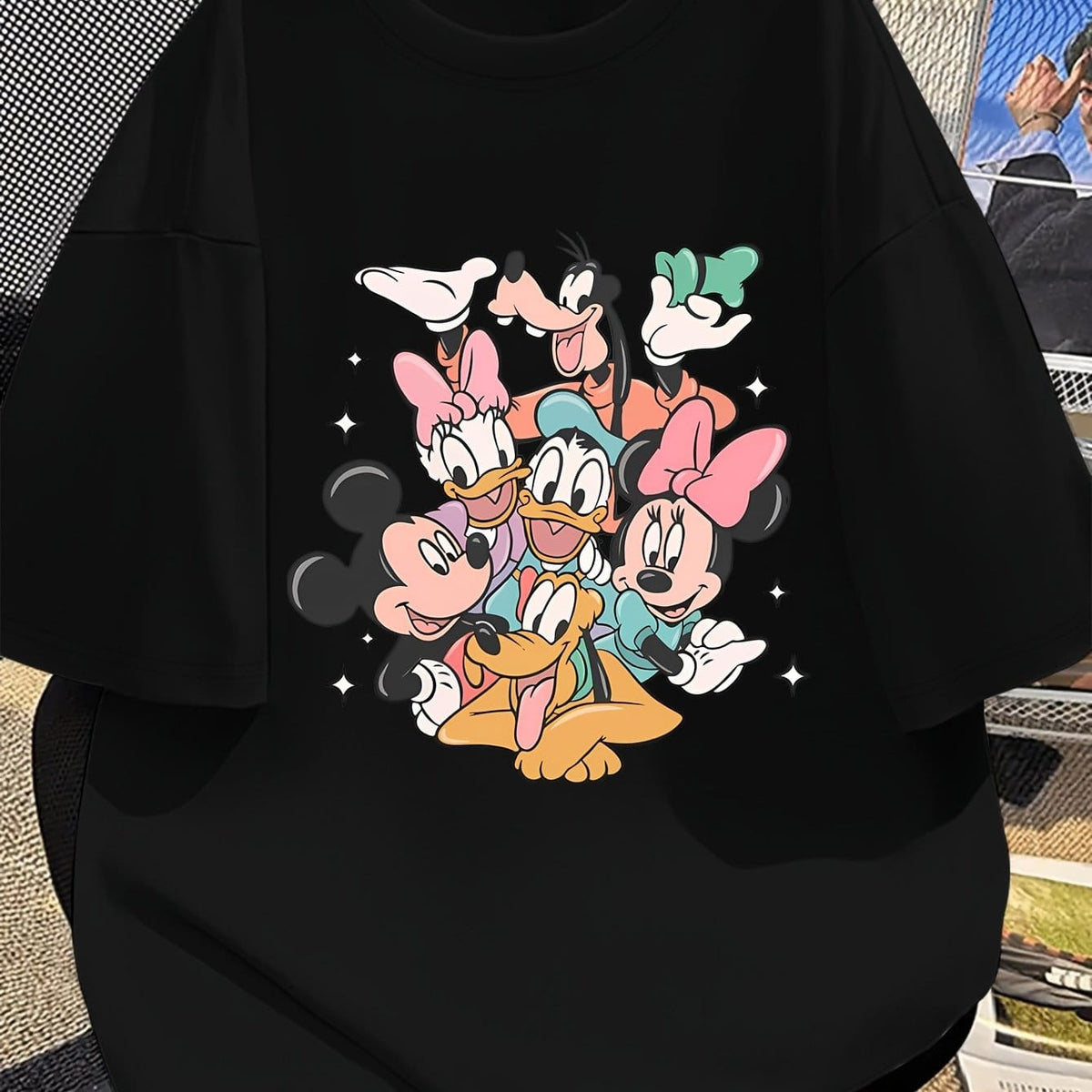 KissICON Black / UK 16 Disney Official Women's Summer New Arrival Oversized Fashionable Mickey Mouse & Friends Cartoon Print Casual Round Neck T-Shirt, Machine Washable Loose Fit Fun Design Comfort Fabric for Home and Outing Wear