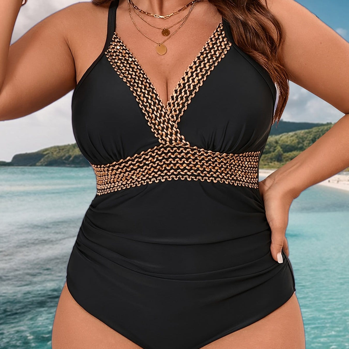 KissICON Black / UK 16 Elegant Curve Black Gold Strapless Swimsuit
