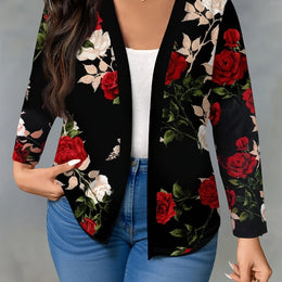 KissICON Black / UK 16 Elegant Curve Floral Blazer – Black Red Roses