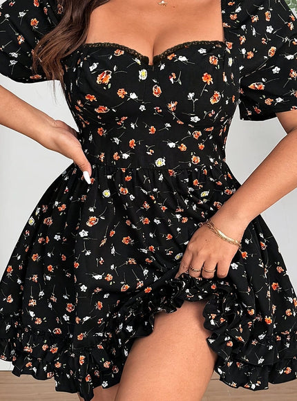 jkthpu-45 Black / UK 16 Elegant Plus Size Floral Dress with Ruffled Hem - French Square Neck, Short Sleeve, Cinched Waist, Black with Orange & White Flowers, Spring/Summer Women'S Fashion, Floral Dress