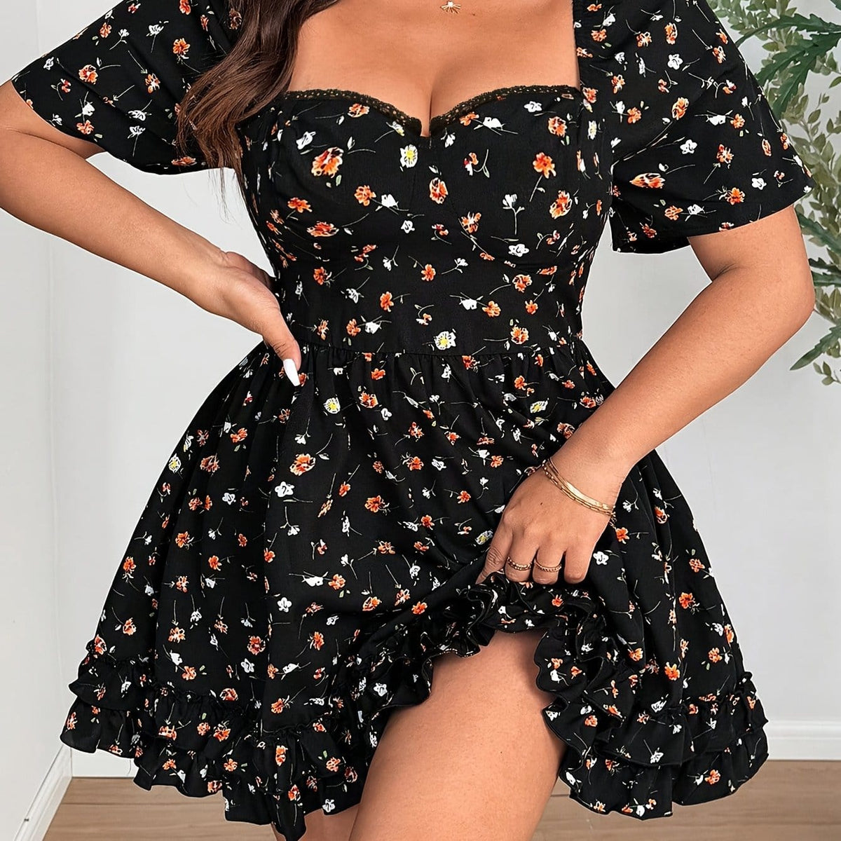 jkthpu-45 Black / UK 16 Elegant Plus Size Floral Dress with Ruffled Hem - French Square Neck, Short Sleeve, Cinched Waist, Black with Orange & White Flowers, Spring/Summer Women'S Fashion, Floral Dress