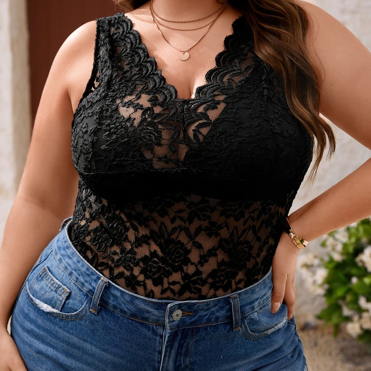 jkthpu-45 Black / UK 16 Elegant Plus Size Lace Cami Stretch VNeck Blouse