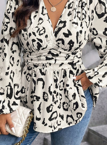jkthpu-45 Black / UK 16 Elegant Plus Size Leopard Print WaistCinched Long Sleeve Shirt