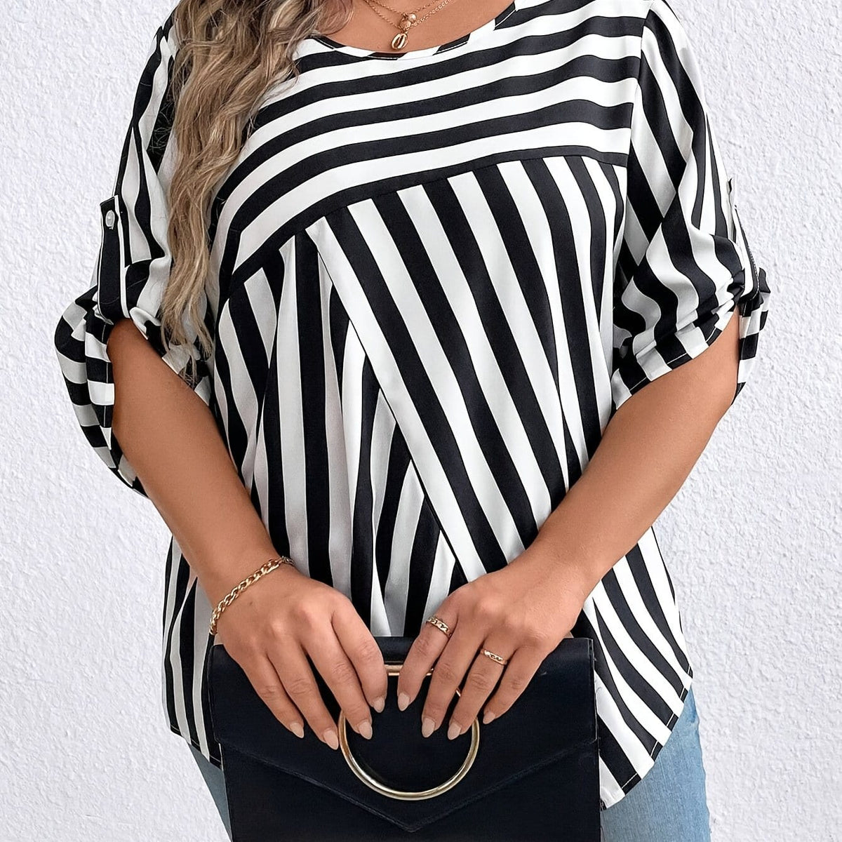 KissICON Black / UK 16 Elegant Plus Size Stripe Print Blouse - 100% Polyester Crew Neck Top, Oversized Non-Stretch Woven Shirt for All Seasons