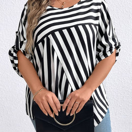 KissICON Black / UK 16 Elegant Plus Size Stripe Print Blouse - 100% Polyester Crew Neck Top, Oversized Non-Stretch Woven Shirt for All Seasons