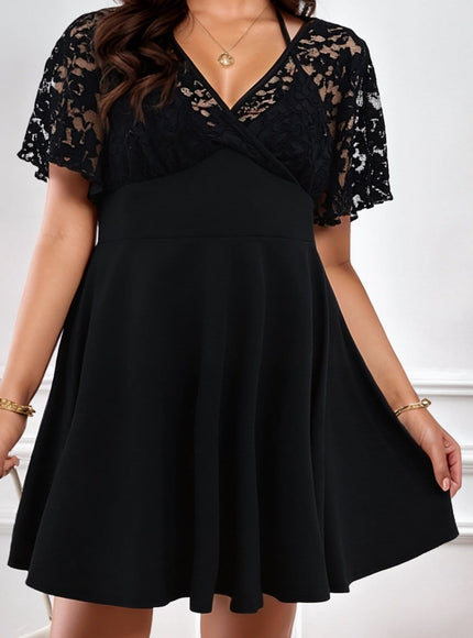 jkthpu-45 Black / UK 16 Elegant Plus Size Women's Black Dress with V-Neck and Lace Detailing – Sleeveless A-Line Mini Dress for Spring & Summer
