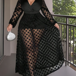 jkthpu-45 Black / UK 16 Elegant Plus Size Women'S Party Dress | V-Neck with Lace Detail | Sheer Mesh Long Sleeve | High-Low Hemline | Stretchy Polyester-Spandex Blend | All-Season Wear | Black with White Polka Dot Pattern, Tulle Dres