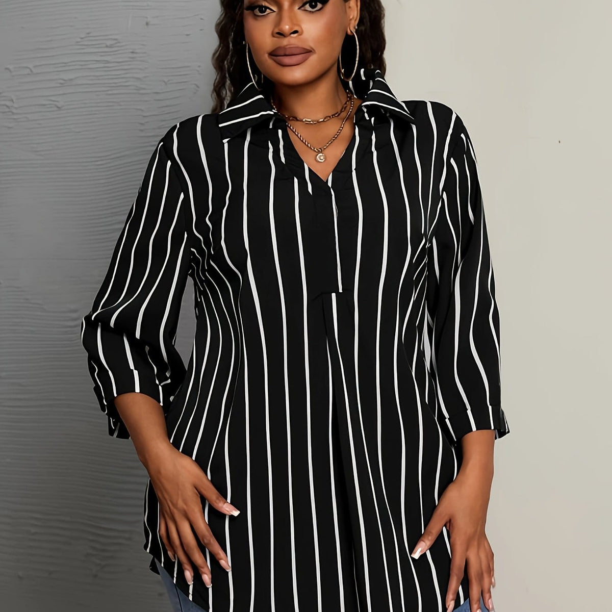 KissICON Black / UK 16 Elegant V-Neck Non-Stretch Woven Striped Shirt, Big Size, for Spring/Fall