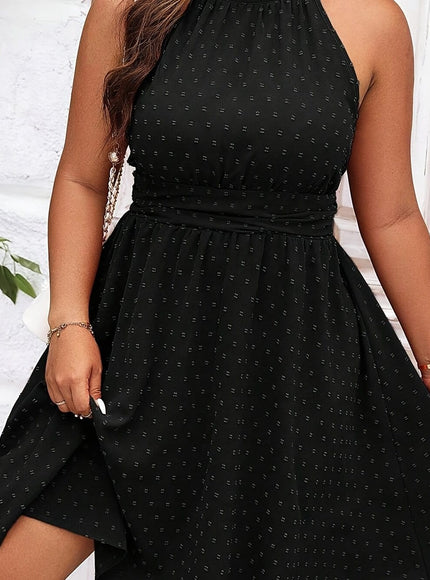 jkthpu-45 Black / UK 16 Elegant Women'S Plus Size Summer Halter Neck Fitted Dress, Solid Color, Polyester, Non-Stretch, Woven, 157g/m², for Women