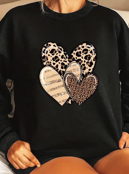 jkthpu-45 Black / UK 16 Fashionable Round-Neck Sweatshirt with Leopard Print And Heart