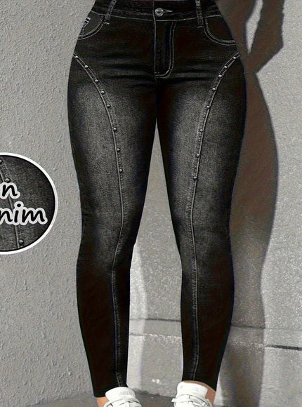 jkthpu-45 Black / UK 16 【imitation denim】Plus Size - Plus-Size Women'S High-Elasticity Autumn