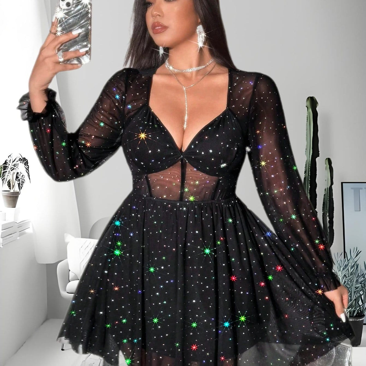 jkthpu-45 Black / UK 16 Large size Women's V-neck long sleeved tight mini party dress, lace doll dress, sequin erotic dress, fashionable party dress